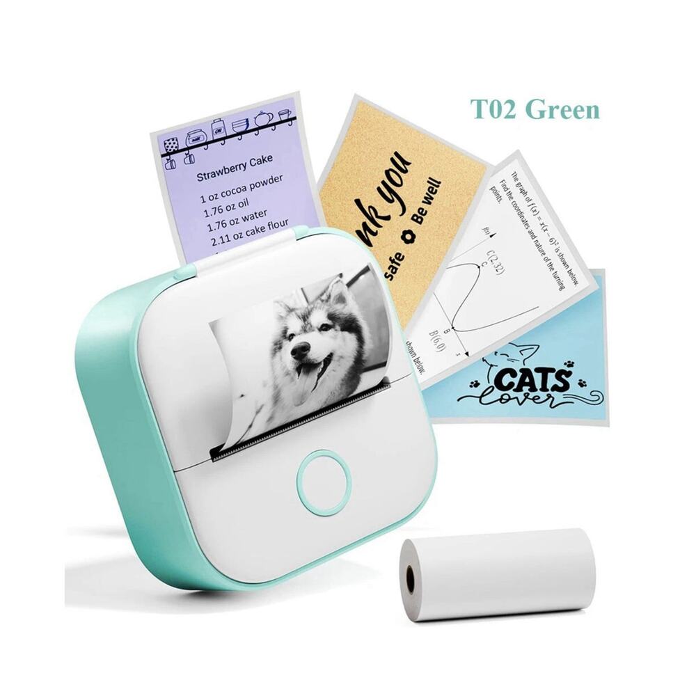 Green Sealed Phomemo T02 Bluetooth Thermal Photo Printer with 6 Rolls Stickers